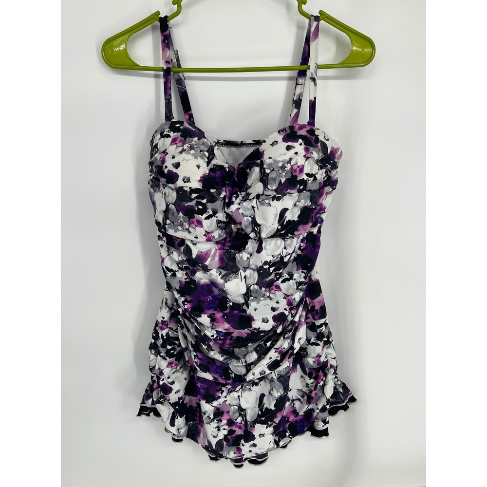 Hilor Womens Purple Floral Ruched Swim Dress One Piece Swimsuit Size 14 NWT